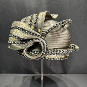 Donna Vinci Couture Hat Green Rhinstones Ribbon Black Beads Gold Church Derby - Picture 1 of 9