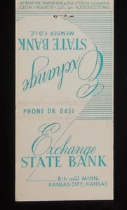 1950s Exchange State Bank 8th and Minn. Kansas City KS Wyandotte Co Matchbook - Picture 1 of 2