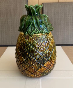 Vintage. KERAMIK 12" HOHE KEKSDOSE. GRÜN/GELBER ANANAS KANISTER HERGESTELLT IN USA - Bild 1 von 5