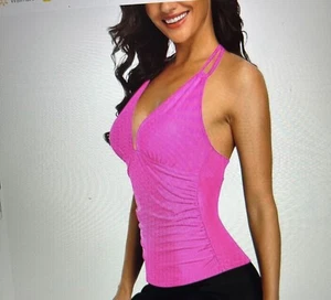 WOMEN'S Yonique Hot PINK TANKINI SWIMSUIT Two Piece Black Bikini Bottoms NWT Lg - Picture 1 of 4