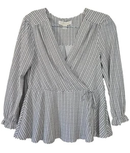 Monteau Los Angeles Blouse Faux Wrap 3/4 Sleeve Black White Geometric Medium NWT - Picture 1 of 6
