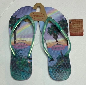 Havaianas Slim Alpargatas Womens 11/12 Pool Beach Flip Flops Palm Tree Sunset - Picture 1 of 8
