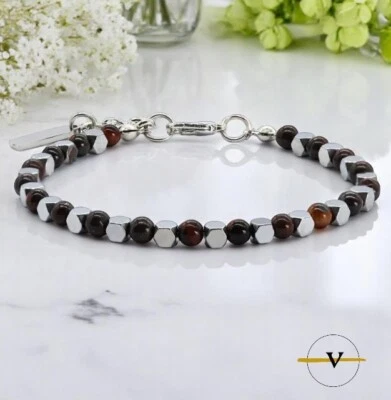 BRACCIALE UOMO PIETRE DURE NATURALI OCCHIO DI TIGRE MARRONE ACCIAIO INOSSIDABILE - Immagine 1 di 3