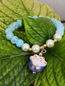 Bracciale Gatto Fortuna Maneki Neko Giapponese celeste/turchese Nickel Free - Imagen 1 de 3