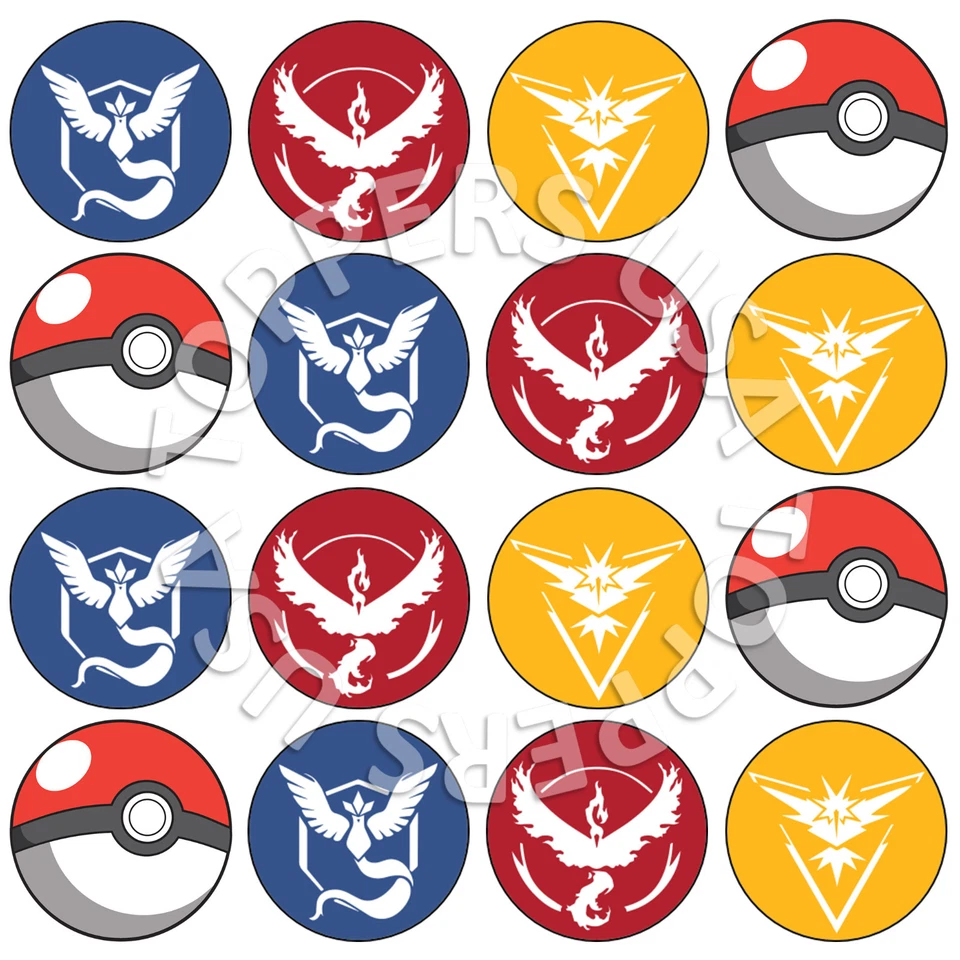 16x COMESTIBLES Pokemon Go Equipos Cumpleaños Cupcake Toppers Oblea Papel 4cm (sin cortar) Foto 1 de 1