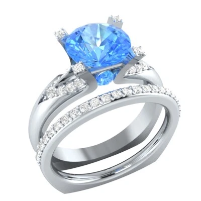 925 Sterling Silver 2.40 Ct Round Simulated Topaz Wedding Band Bridal Ring Set - Image 1 of 4