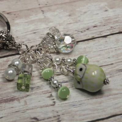 Owl Ceramic Crystal Glass Beaded Handmade Keychain Split Key Ring Green White - Image 1 of 3