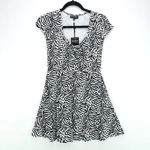 Mini vestido corto Poof New York ajustado y acampanado para mujer pequeño estampado de cebra elástico - Imagen 1 de 14