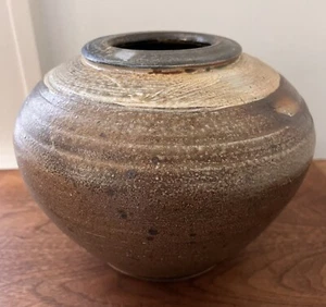 Vintage Steingut Keramik Vase Gefäß Esche glasiert signiert "Mallory" Struktur braun - Bild 1 von 19