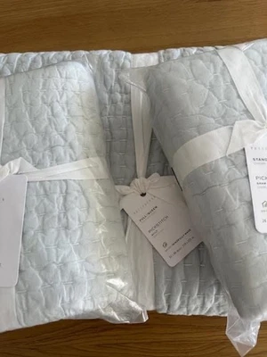 Edredón Queen Pottery Barn Pick-Stitch Hecho a Mano Algodón Lino + 2 Fundas AZUL ESCARCHA Foto 1 de 4