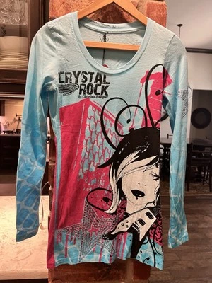 NWT Crystal Rock Christian Audigier Long Sleeve T Shirt Rocker Girl Turquoise XS - Image 1 of 4
