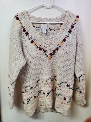 Suéter Express Tricot Tejido a Mano Para Mujer Talla Mediana Cuello en V Bordado Floral Foto 1 de 4