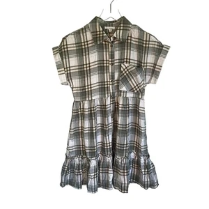 NWT Blu Pepper Anthro Green Plaid Short Sleeve Button Front Ruffle Dress Size S - Picture 1 of 7