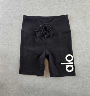 Pantalones Cortos de Motociclista ALO Yoga para Mujer XS Negros Con Cordones Blanco Logo Gimnasio Atletismo Foto 1 de 4