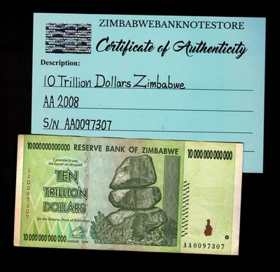 10 万亿津巴布韦美元钞票 AA 2008 正品低序列 # AA0097307 — 第 1/3 张图片