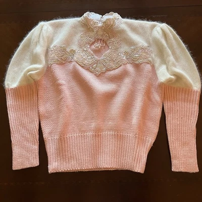 Vtg Maurada 80s/90s Beaded Puff Sleeve Sweater | Pink & White Knit | Sequin | M - Image 1 of 4