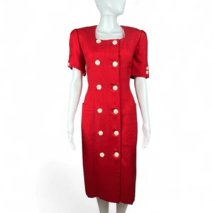 Vintage Kasper Button Front Blazer Dress Sz 6 Red Double Breasted Midi Career 90 - Picture 1 of 10