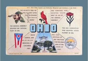 OHIO State Symbols • Carnation, Cardinal, Buckeye, Flag, Seal, Capitol • Linen - Picture 1 of 2