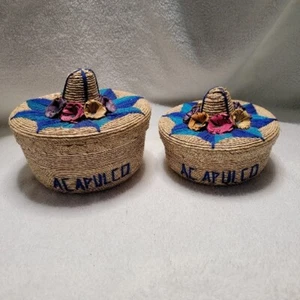 2 Vintage ACAPULCO Mexico Woven Baskets with Lids Raffia Straw Handmade 70’s - Picture 1 of 24