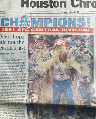 HOUSTON OILERS 1991 AFC CENTRAL CHAMPIONS-HOUSTON CHRONICLE-SECTION 1 & SPORTS Cover