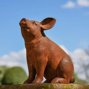 Miniature Sitting Pig Garden Sculpture - Cast Iron Outdoor Ornament - Picture 1 of 8