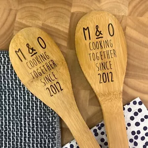 Set of 2 Personalised Cooking Together Since Wooden Spoons Funny Valentines Gift - Picture 1 of 16