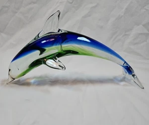 Art Glass Dolphin Paperweight Figurine Blue Green Clear 6x11.5" - Bild 1 von 11