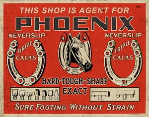 PHOENIX NEVERSLIP ZAPATOS DE CABALLO Y CALAS PUBLICIDAD LETRERO DE METAL - Imagen 1 de 2