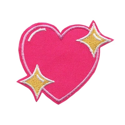 Hot Pink Emoji Heart Embroidered Iron-On Patch Sparkle Cute Applique - Image 1 of 2