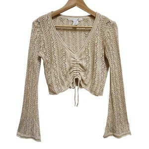 Top Altar'd State donna M beige all'uncinetto svasato scollo a V ritagliato boho hippie - Foto 1 di 9