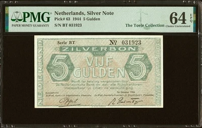 Netherlands Silver Note 5 Gulden 1944 Pick-63 CH UNC PMG 64 EPQ - Image 1 of 2
