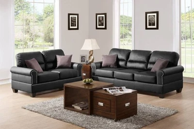 Black Bonded Leather 2pc Sofa Set Sofa And Loveseat Living Room Furniture - Image 1 of 4