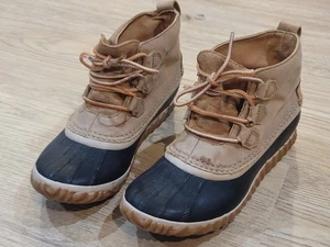 Sorel Out N About Rain Boots Women's 5 Tan Black Nubuck Waterproof Duck READ!!! - Picture 1 of 9