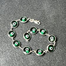 Evil Eye Bracelet Glass 925 Sterling Silver Green Good Luck Protection 7.5"
