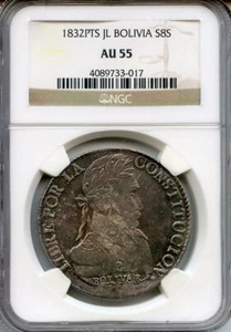 1832 BOLIVIA 8 SOLES JL SIMON BOLIVAR BUST SILVER CROWN NICE NGC-AU-55. - Picture 1 of 2