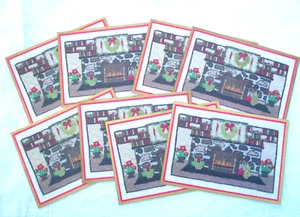 8 Norcross Christmas Cards Needlepoint Print Yuletide Log Fireplace New Vintage - Picture 1 of 8