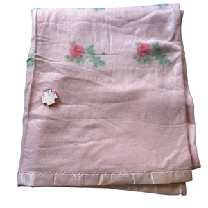 New Vintage Chatham Blanket Pink Moss Roses 1950s Satin Trim Cottage core - Picture 1 of 11