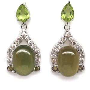 925 Silver Handmade 8 x 16 mm. Green Sapphire, Peridot & Zircon Earrings - Picture 1 of 4