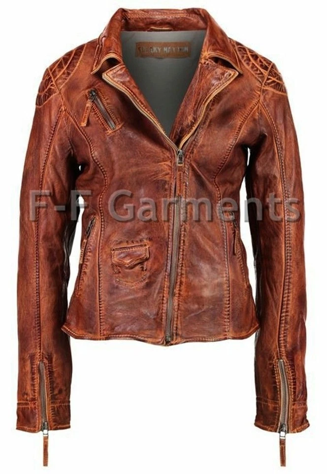 Chaqueta de cuero de motociclista vintage café corredor marrón envejecido para mujer Foto 1 de 4
