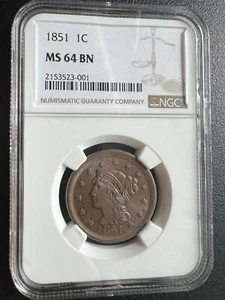 1851 NGC MS64BN Braided Hair Large Cent 1c Coin - Picture 1 of 6
