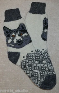 WOLF DOG - Traditional Russian WOOL SOCKS - Folk Art, Fair Isle, size large - Picture 1 of 4