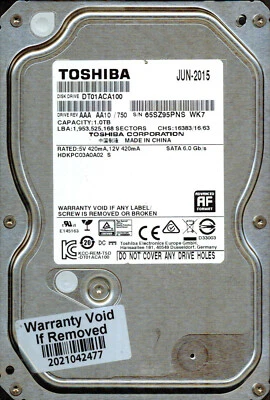 DT01ACA100,  AAA AA10/750  TOSHIBA SATA 1TB  - Image 1 of 3