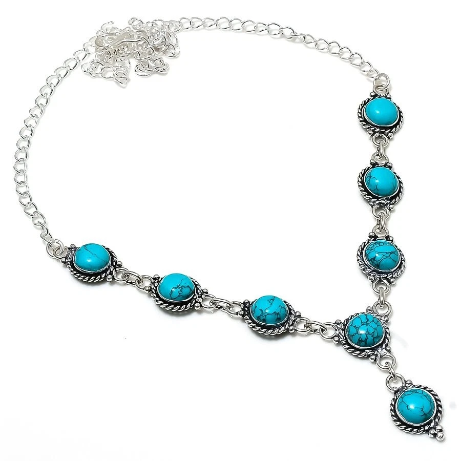 Turquoise Gemstone Handmade 925 Sterling Silver Jewelry Necklace Size-18" - Image 1 of 1