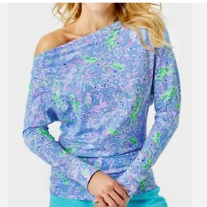 Lilly Pulitzer Top sz Large Sheera One Shoulder Blue Peri Turtle Loose Flowy - Picture 1 of 12