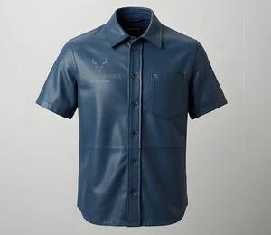 Handmade Blue Leather Shirt Men - Classic Leather Blue Shirt Men - Picture 1 of 3