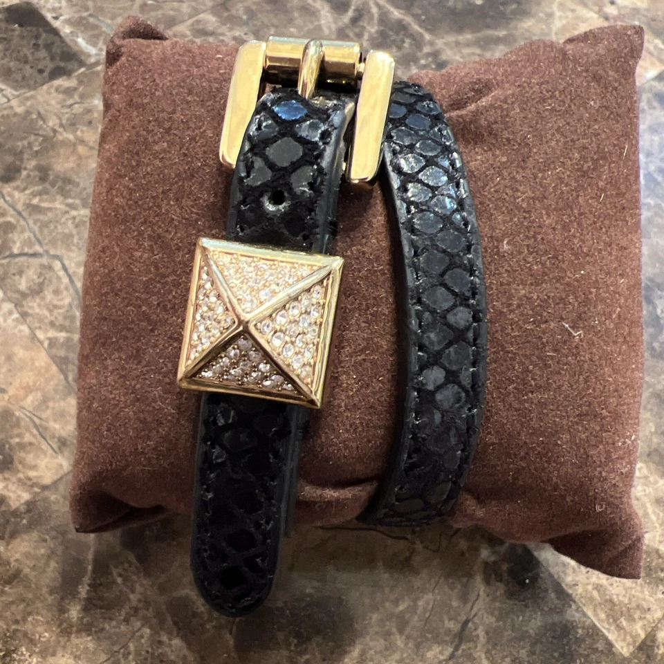 Michael Kors Black Leather Double Wrap Bracelet with Gold Rhinestone Stud Accent - Image 1 of 4