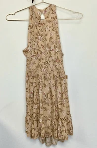Sunday Mi Amor Womens Small Mini Dress Tan Rose Print Open Back Sleeveless NWT - Picture 1 of 10