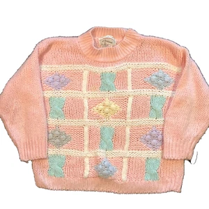 VTG PINK PASTEL SWEATER SZ S HAND KNITTED FLORAL GRANNYCORE JJ FARGO WOMENS - Picture 1 of 3