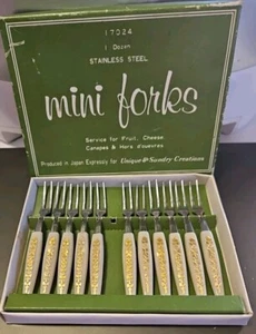 Vintage Set Of 11 Mini Appetizer Cocktail Forks Stainless Steel Ivory Gold Box - Picture 1 of 7