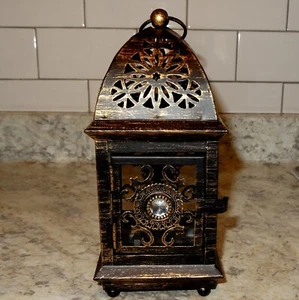 Vintage Pier 1 Decorative Bronze Lantern Glass Panels Crystal Stones 9" high - Picture 1 of 12